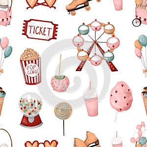 Amusement park, seamless pattern with carnival items