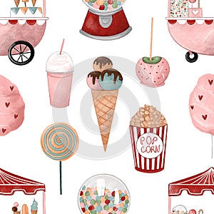 Amusement park, seamless pattern with carnival items