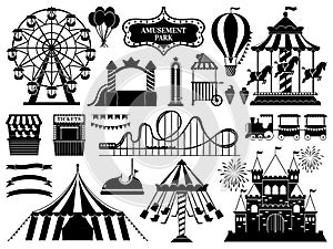 Amusement park silhouette. Carnival parks carousel attraction, fun rollercoaster and ferris wheel attractions vector icons set