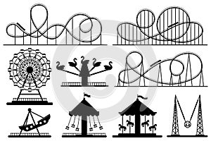 Amusement park silhouette. Roller coaster, festive carnival carousel and ferris wheel vector silhouettes set