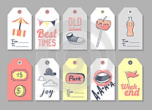 Amusement Park Tags and Labels Set Freehand Style. Childish