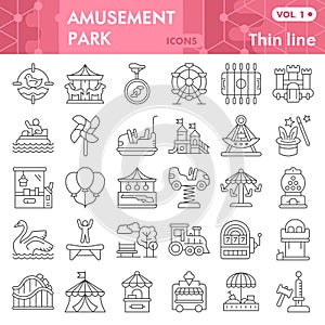 Amusement park thin line icon set, children entertainment symbols collection or sketches. Playground linear style signs