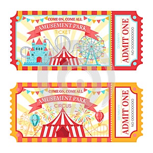 Amusement park ticket. Admit one circus admission tickets, family park attractions festival and amusing fairground