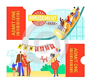Amusement park ticket design, vector illustration. Circus entertainment background, carnival tent at fun invitation