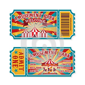 Amusement park ticket. Family park attractions admission tickets, fun festival vintage event receipt. Fair raffle