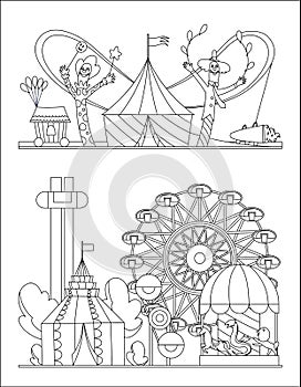 Amusement park, urban landscape with carousels, roller coaster and air balloon coloring book page. Circus, Fun fair and photo