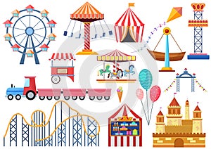 Amusement park vector entertainment icons elements isolated. Colorful cartoon flat ferris wheel, carousel, circus and