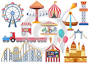 Amusement park vector entertainment icons elements isolated. Colorful cartoon flat ferris wheel, carousel, circus and photo