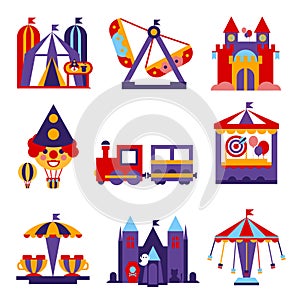 Amusement Park Vector Flat Design Illustrations