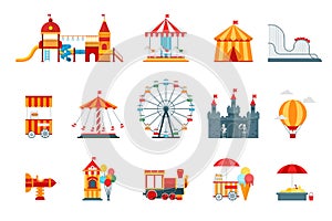 Amusement park vector flat elements, fun icons, on white background with ferris wheel, castle, attractions