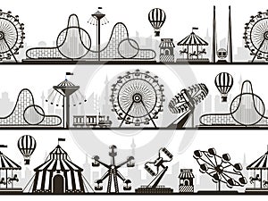 Amusement park views. Attractions park landscape silhouettes with ferris wheel and roller coaster. Entertainment park