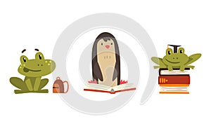 Amusing Animals Learning Set, Frog and Penguin Reading Books, School Education Concept Cartoon Vector Illustration
