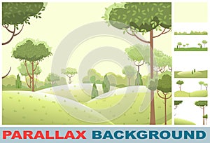 Amusing beautiful forest landscape. Set parallax effect. Cartoon style. Grass hills. Rural natural look. Flat design