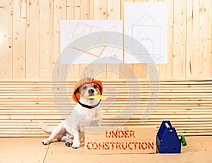 Amusing builder in hardhat at construction site next to beam with label `Under construction`