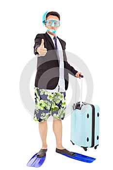 Amusing businessman wore scuba gearing and thumb up