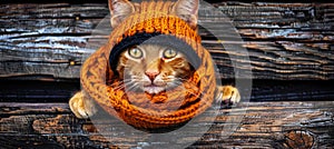 Amusing cat dons knitted hat and sweater, striking a comical pose for a delightful chuckle photo