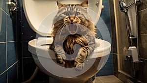 Amusing cat in toilet, quirky feline antics and curiosity.