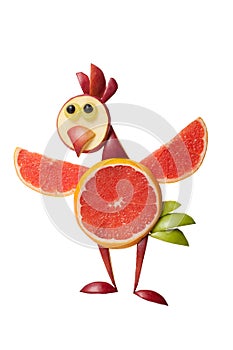 Amusing chicken made of fruits