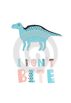 Amusing dinosaur or iguanodon and I Don`t Bite message isolated on white background. Funny prehistoric creature, animal