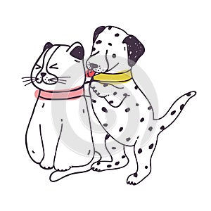 Amusing dog annoying cat. Playful naughty Dalmatian puppy irritating and bothering kitten isolated on white background
