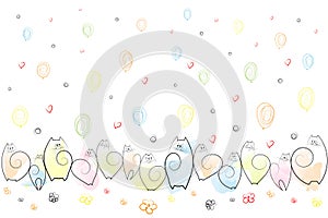 Amusing emotional cats on a festive background of balloons, flowers, hearts, spirals Drawing Sketch Background Vector