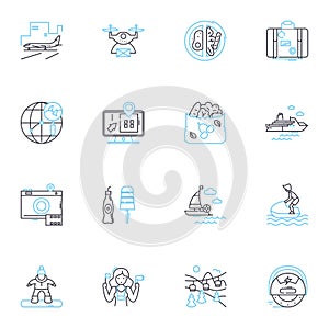 Amusing getaway linear icons set. Chuckles, Escape, Hilarity, Laughter, Getaway, Amusement, Entertainment line vector