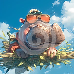 Amusing Hippo Wearing Oversized Aviator Sunglasses