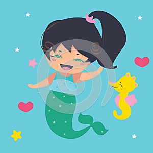 Amusing Little Mermaid and seahorse