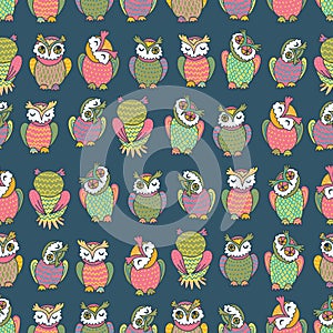 Amusing owls seamless pattern