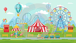 Amusing park festival. Amusement attractions landscape, kids carousel and ferris wheel attraction vector illustration
