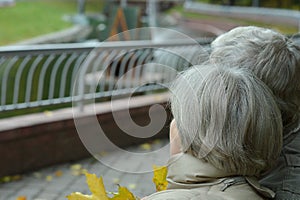Amusing senior couple sitting on bench
