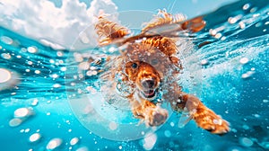 Amusing underwater snapshot dog diving deep on summer vacation with close up shot