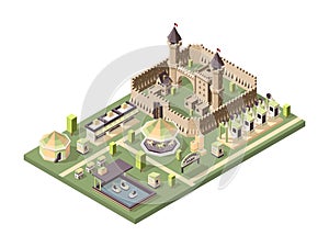 Amusment park. Isometric attractions with medieval castle circus ferris wheel and roller coaster vector fun landscape