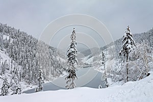 Amut Lake - Alpine landslide lake located in the Solnechny District of the Khabarovsk Kray, Russia . Beautiful taiga