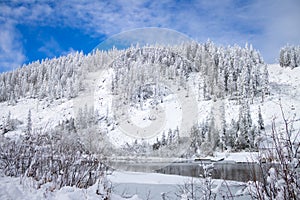 Amut Lake - Alpine landslide lake located in the Solnechny District of the Khabarovsk Kray, Russia . Beautiful taiga photo