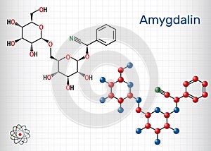 Amygdalin, laetrile molecule, is a naturally occurring cyanogenic glycoside. Structural chemical formula and molecule model. Sheet