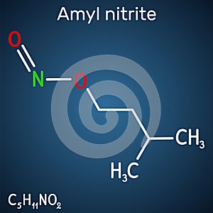 Amyl nitrite, isoamyl nitrite, isopentyl nitrite, molecule. It is popper, antihypertensive medicine. Structural formula on the