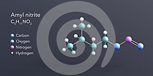 amyl nitrite molecule 3d rendering, flat molecular structure with chemical formula and atoms color coding photo