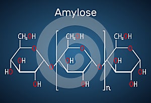 Amylose molecule. It is a polysaccharide and one of the two components of starch. Structural chemical formula on the dark blue photo