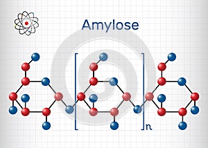 Amylose molecule. It is a polysaccharide and one of the two components of starch. Structural chemical formula and molecule model. photo