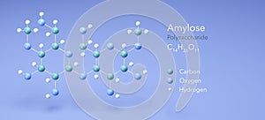 Amylose, polysaccharide. molecular structures, 3d rendering, Structural Chemical Formula and Atoms with Color Coding photo