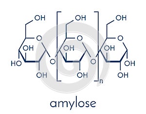 Amylose polysaccharide polymer, chemical structure. Component of starch in addition to amylopectin. Skeletal formula.