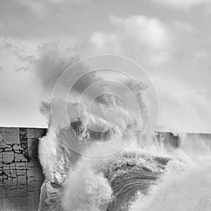 Amzing image of individual wave breaking and cresting during violent windy storm in black and white with superb detail