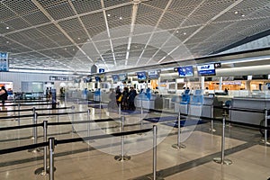 ANA, All Nippon Airways, check-in counter at Narita Airport, Japan.