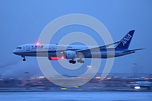 Ana All Nippon Airways plane landing on snow, night view