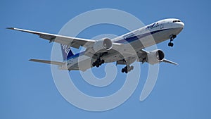 ANA Boeing 777 Airplane prepares for landing.