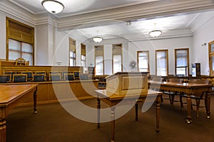 The lectern and jury box in the courtroom at the Deer Lodge County Courthouse, Anaconda, Montana, USA