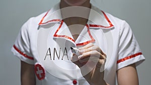 ANAEMIA, Female doctor writing on transparent screen
