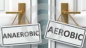 Anaerobic or aerobic as a choice in life - pictured as words Anaerobic, aerobic on doors to show that Anaerobic and aerobic are