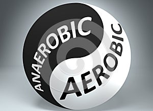 Anaerobic and aerobic in balance - pictured as words Anaerobic, aerobic and yin yang symbol, to show harmony between Anaerobic and